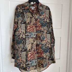 Vintage Womens Cote de France Silk Button Blouse Long Sleeve Brown Multi Sz S